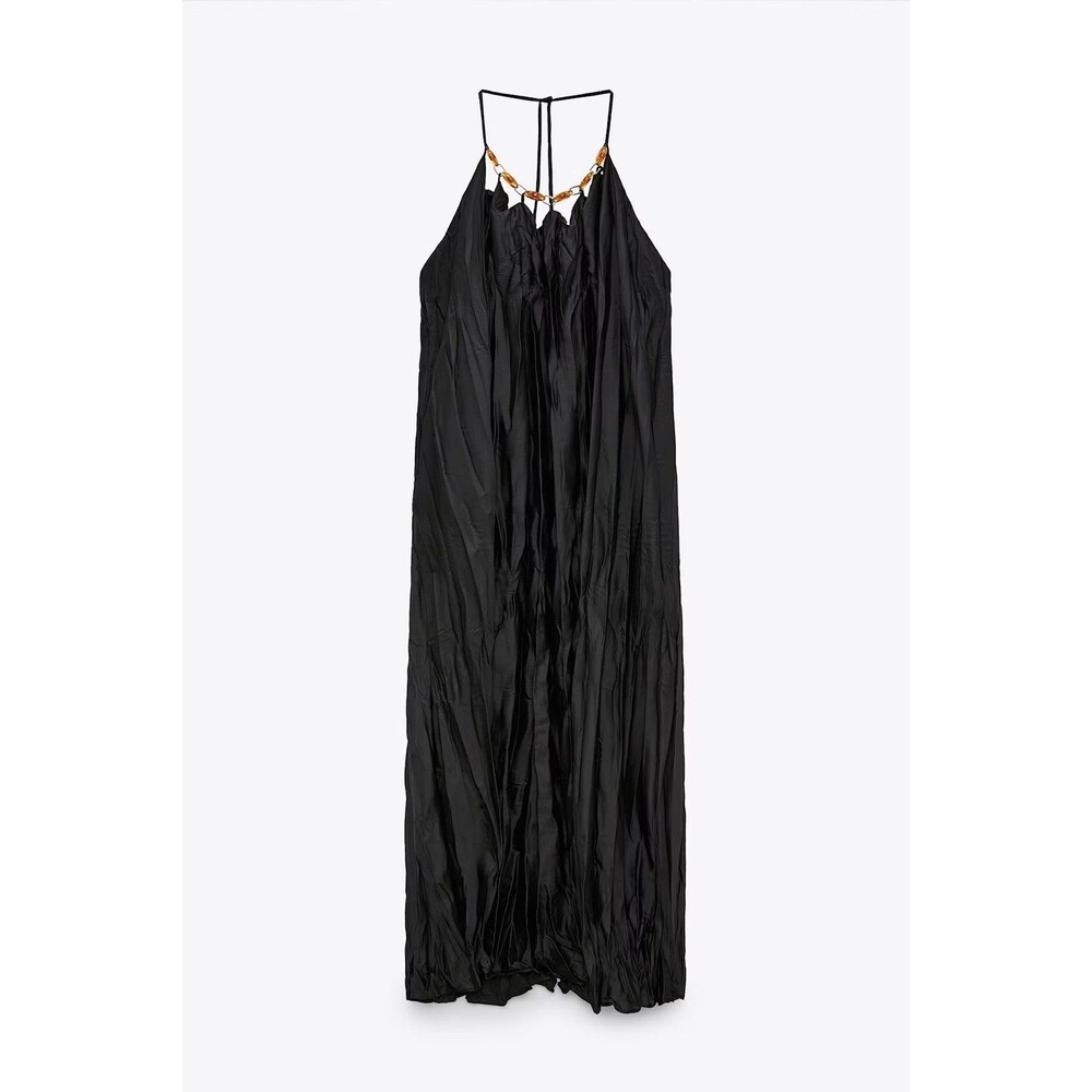 Zara Womens Maxi Dress Size Medium Black Beaded Flowy Crinkle Sleeveless Satin